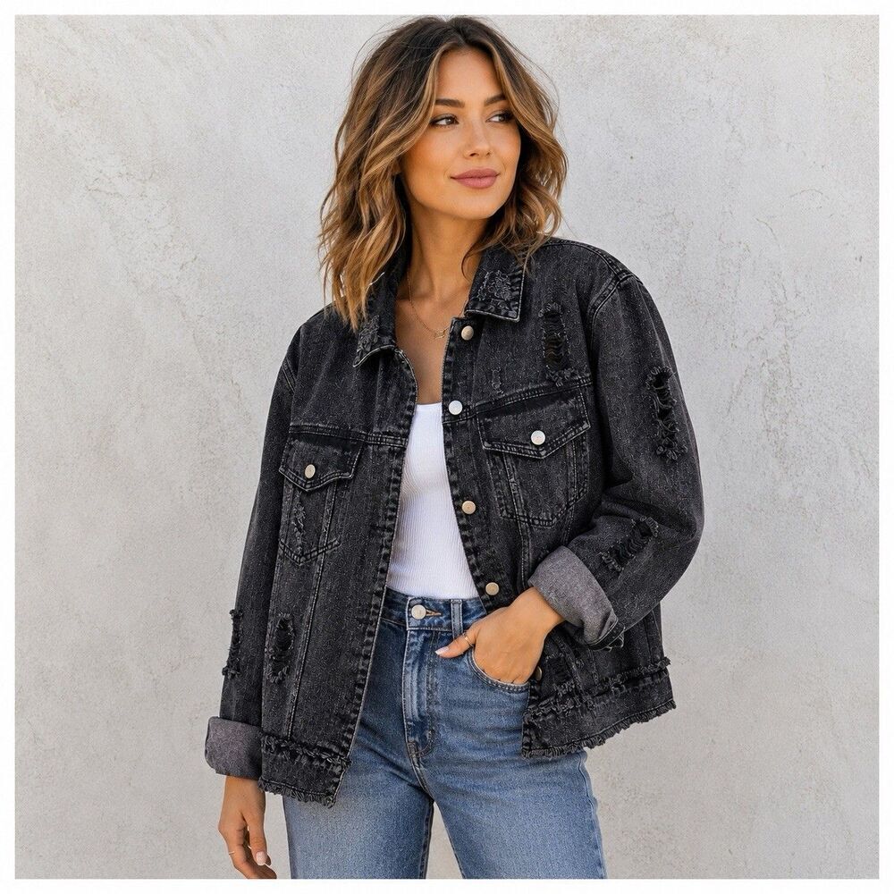 New FATE Black Denim Destructed Red Flannel Jean Jacket Women Size Small Grunge